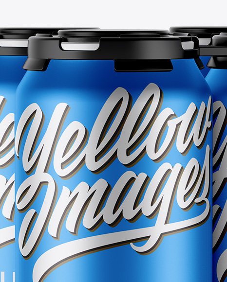 Pack with 4 Matte Metallic Cans with Plastic Holder Mockup - Half-Side View