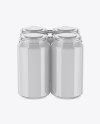 Pack of 4 Glossy Cans with Plastic Holder Mockup - Front View (High Angle Shot)