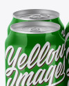 Pack of 4 Glossy Cans with Plastic Holder Mockup - Front View (High Angle Shot)