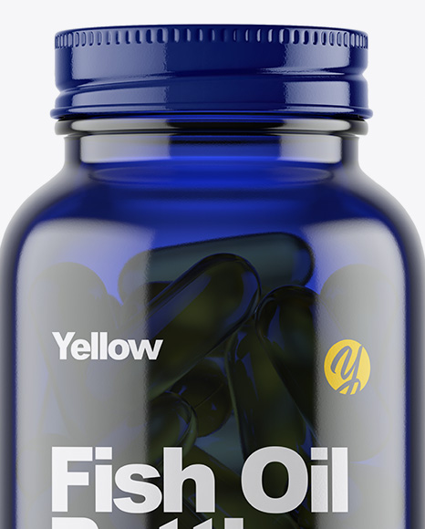 Dark Blue Glass Fish Oil Bottle Mockup