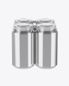 Pack of 4 Metallic Cans with Plastic Holder Mockup - Front View (High Angle Shot)