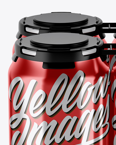 Pack of 4 Metallic Cans with Plastic Holder Mockup - Front View (High Angle Shot)