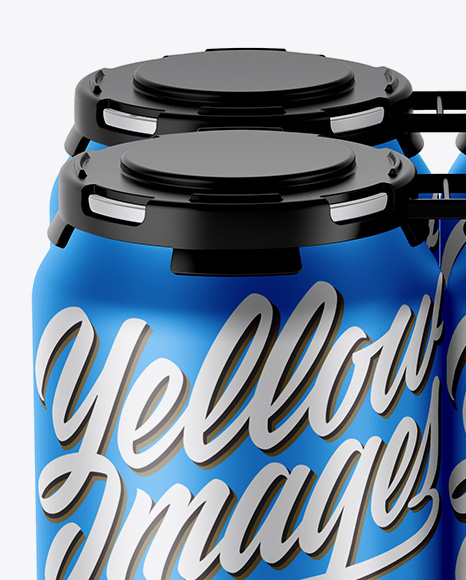 Pack of 4 Matte Metallic Cans with Plastic Holder Mockup - Front View (High Angle Shot)