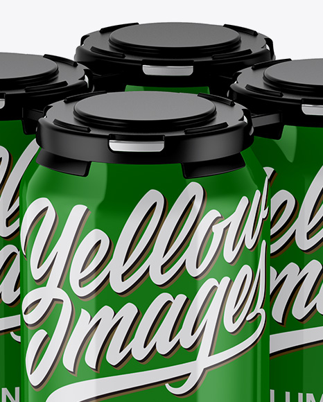 Pack of 4 Glossy Cans with Plastic Holder Mockup - Half Side View