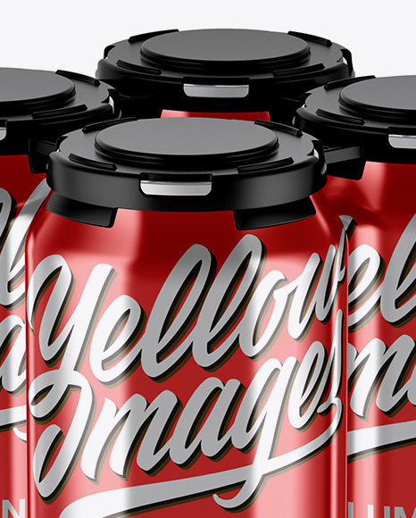 Pack of 4 Metallic Cans with Plastic Holder Mockup - Half Side View