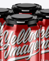 Pack of 4 Metallic Cans with Plastic Holder Mockup - Half Side View