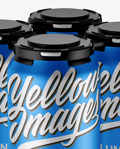 Pack of 4 Matte Metallic Cans with Plastic Holder Mockup - Half Side View