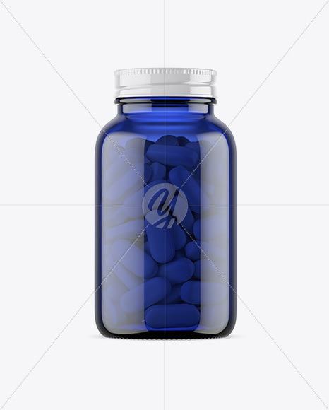 Blue Glass Bottle With Pills Mockup