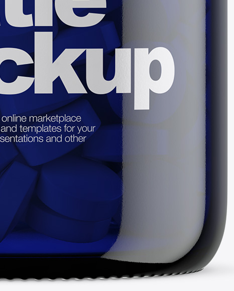 Dark Blue Glass Bottle With Pills Mockup