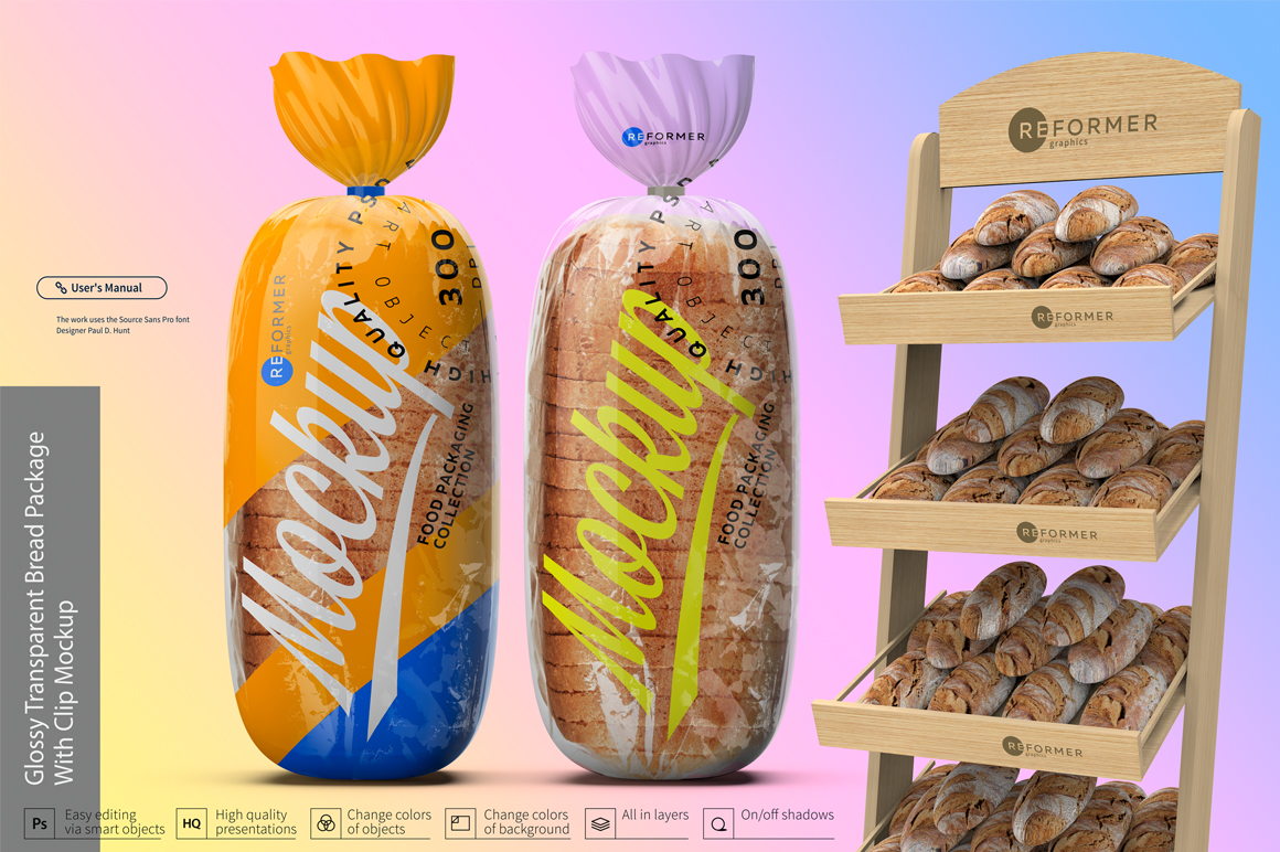 Glossy Transparent Bread Package with Clip Mockup