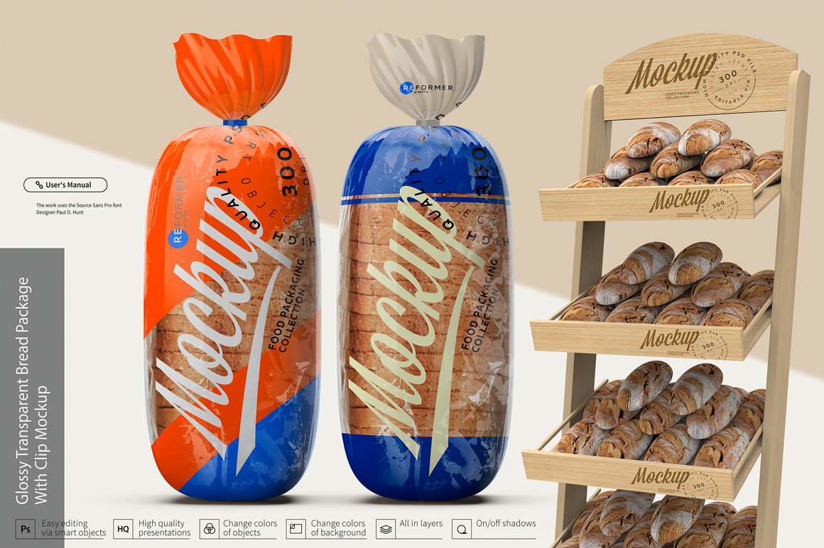 Glossy Transparent Bread Package with Clip Mockup