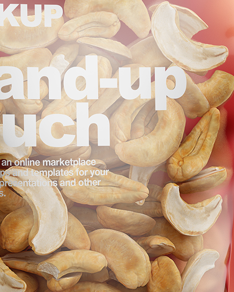 Glossy Transparent Stand-Up Pouch W/ Cashew Nuts Mockup - Half Side View