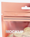 Glossy Transparent Stand-Up Pouch W/ Cashew Nuts Mockup - Half Side View