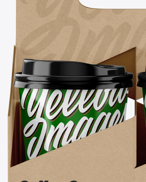 Kraft Coffee Cup Holder W/ Glossy Cups Mockup - Front View