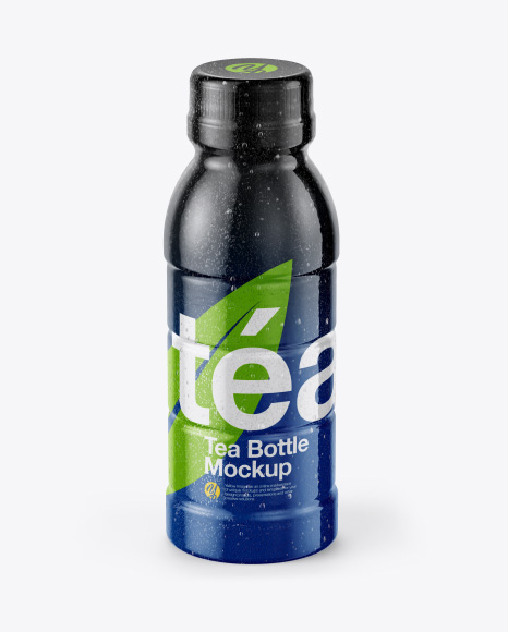 10oz Tea Bottle in Shrink Sleeve with Condensation Mockup - Front View (High-Angle Shot)