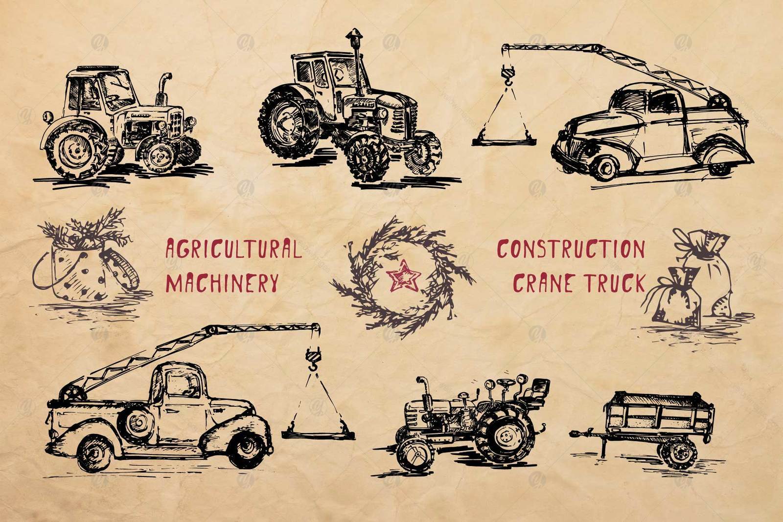 Set of hand-drawn retro transport ink sketches Set of hand-drawn retro transport ink sketches