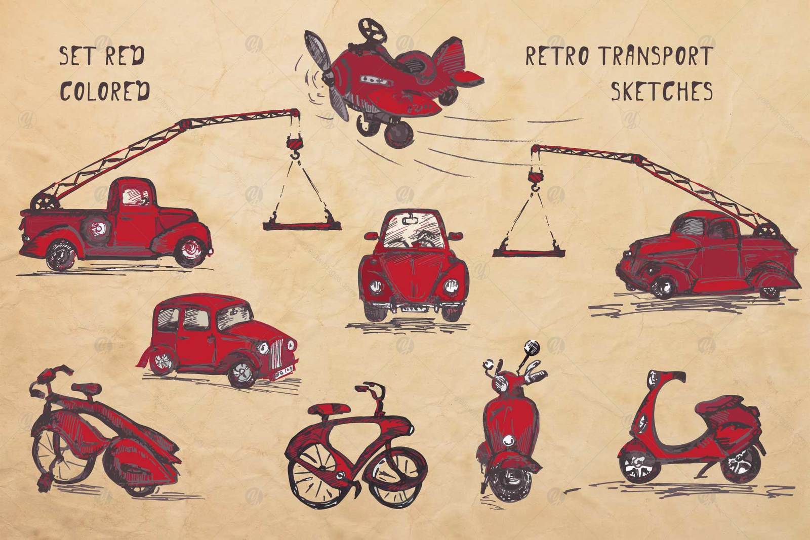 Set of hand-drawn retro transport ink sketches