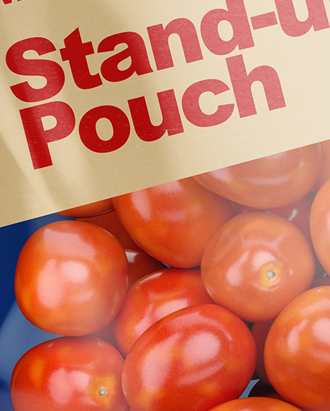 Glossy Transparent Stand-Up Pouch W/ Tomatos Mockup - Front View