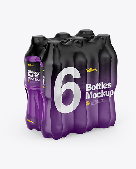 Transparent Shrink Pack with 6 Plastic Glossy Bottles Mockup - Half Side View