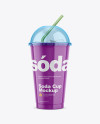 Glossy Plastic Soda Cup With Ice and Cap Mockup