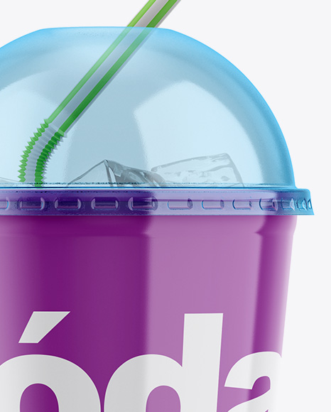 Glossy Plastic Soda Cup With Ice and Cap Mockup - Free Download Images