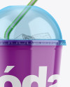 Glossy Plastic Soda Cup With Ice and Cap Mockup