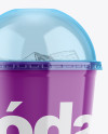 Glossy Plastic Soda Cup With Ice and Cap Mockup