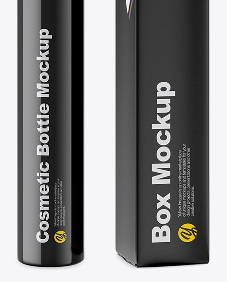 Glossy Cosmetic Bottle w/ Paper Box Mockup