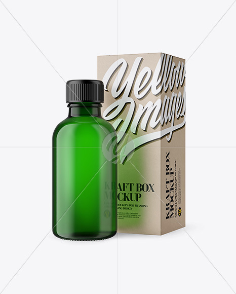 50ml Green Glass Сosmetic Bottle W/ Kraft Box Mockup