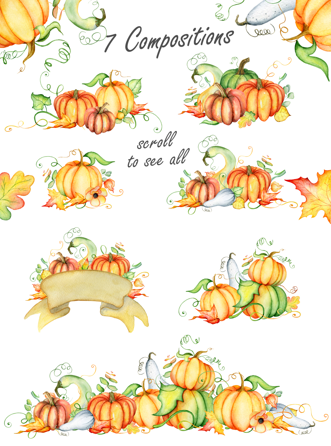 Thanksgiving pumpkins Fall watercolor Autumn clipart