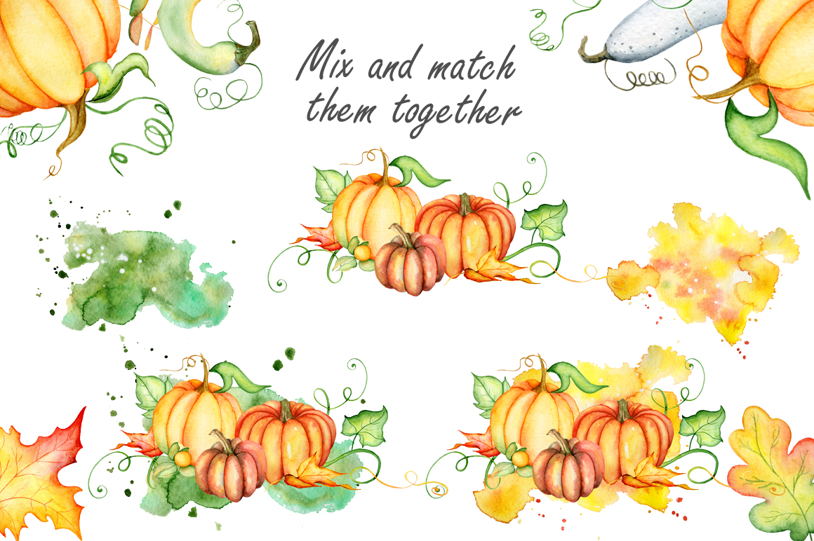 Thanksgiving pumpkins Fall watercolor Autumn clipart