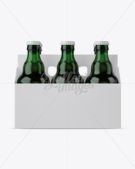 White Paper 6 Pack Green Glass Bottle Carrier Mockup - Front View