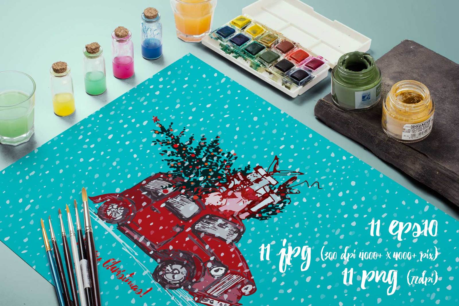 Hand drawn sketch Christmas tree and holiday cars