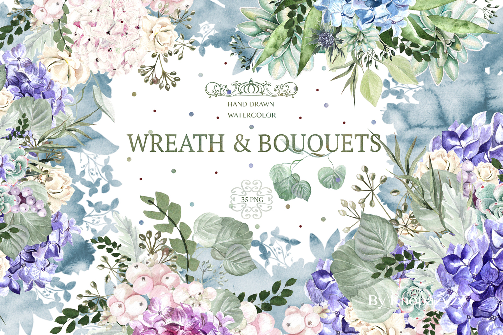 Hand Drawn Watercolor Wreath &amp; Bouquets