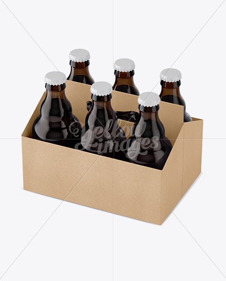 Kraft Paper 6 Pack Amber Bottle Carrier Mockup - Halfside View (High-Angle Shot)