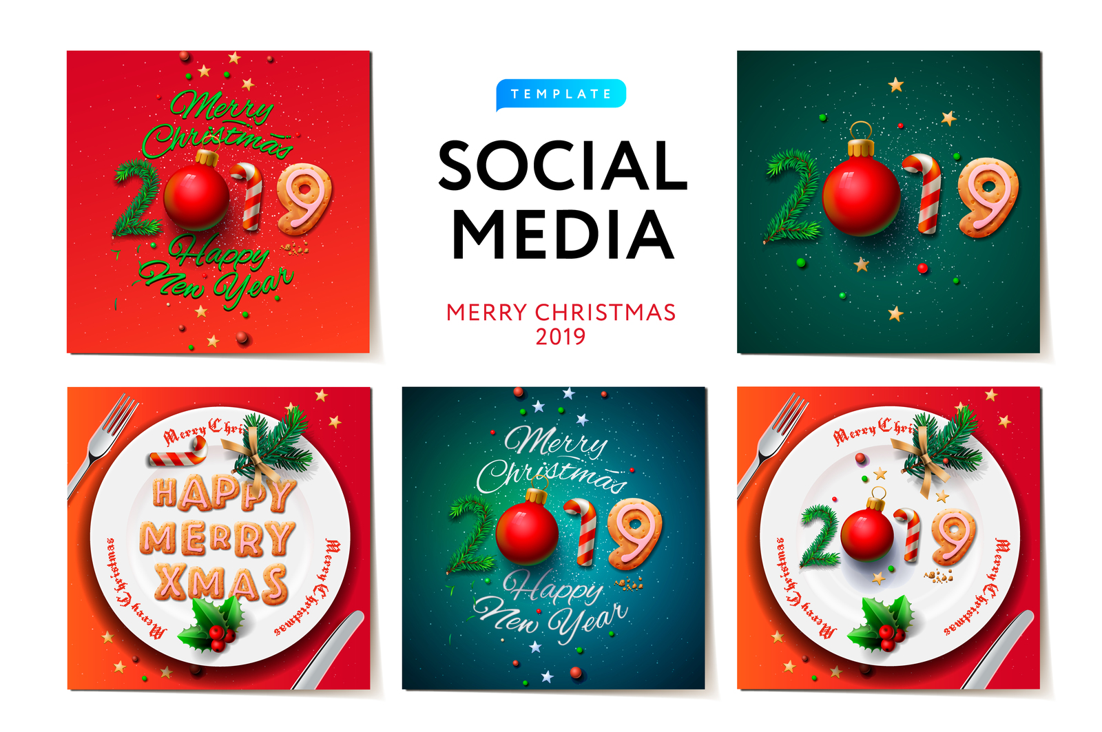 Merry Christmas 2019 social media templates, modern promotion web banners