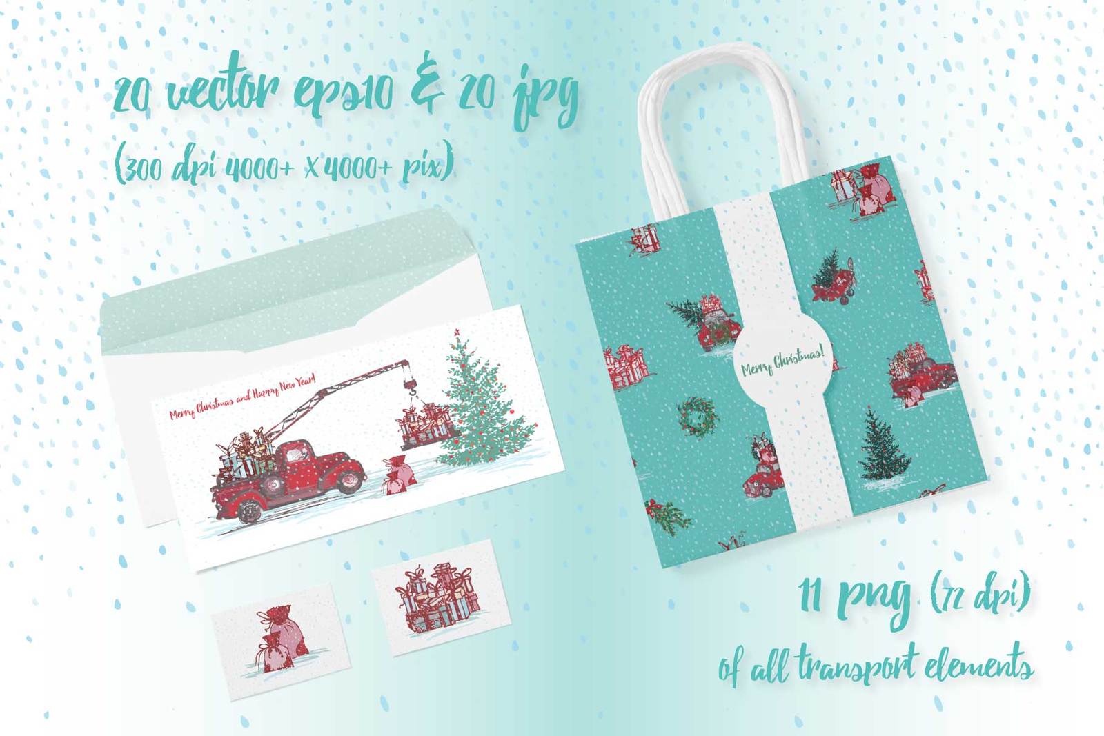 Set of Hand drawn sketch Christmas tree and vintage festive transport