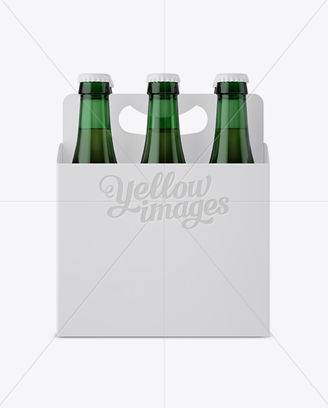 White Paper 6 Pack Green Glass Bottle Carrier Mockup - Front View