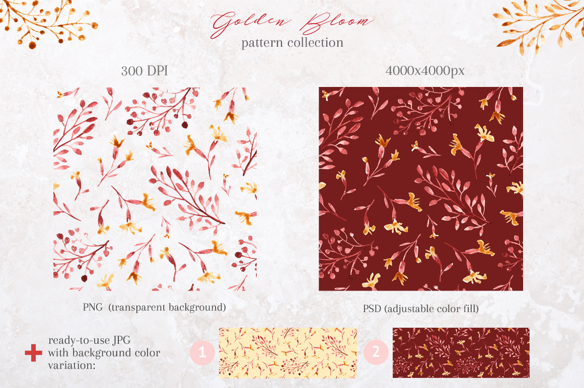 Golden Bloom - watercolor pattern set