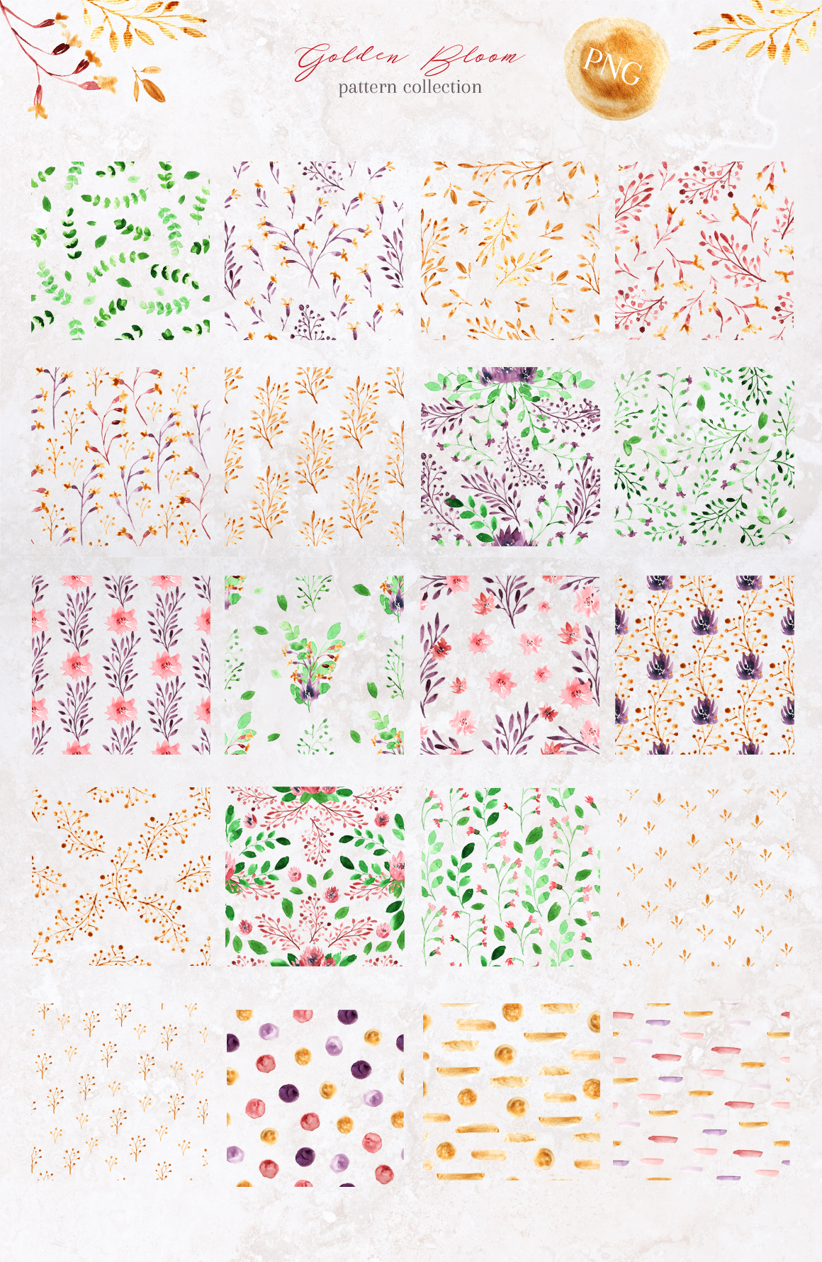 Golden Bloom - watercolor pattern set