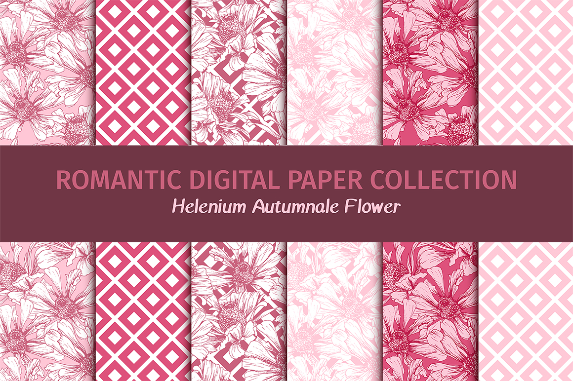 Romantic Flower Digital Papers, Seamless Patterns for Valentine&#039;s Day