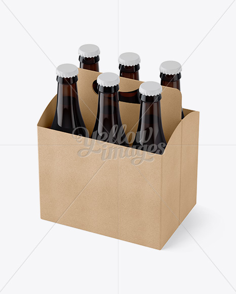 Kraft Paper 6 Pack Amber Bottle Carrier Mockup - Halfside View (High-Angle Shot)