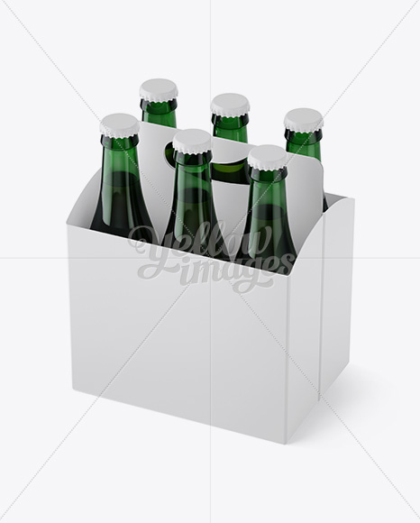 White Paper 6 Pack Green Bottle Carrier Mockup - Halfside View (High-Angle Shot)