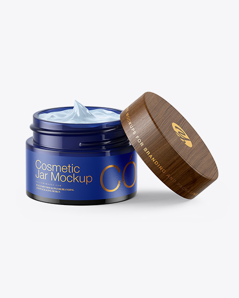 Opened Dark Blue Glass Cosmetic Jar Mockup