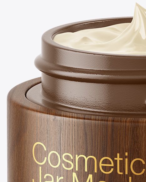 Opened Glossy Cosmetic Jar in Wooden Shell Mockup Opened Glossy Cosmetic Jar in Wooden Shell Mockup