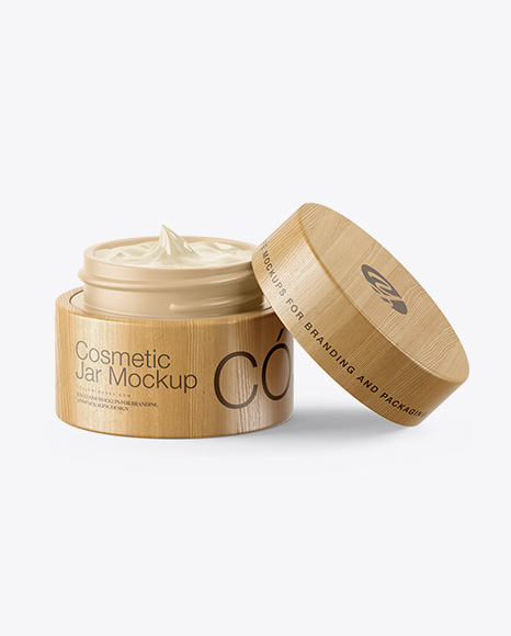 Opened Matte Cosmetic Jar in Wooden Shell Mockup Opened Matte Cosmetic Jar in Wooden Shell Mockup