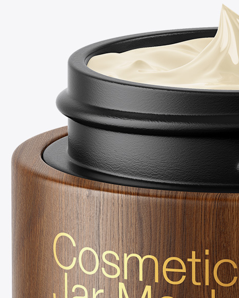 Opened Matte Cosmetic Jar in Wooden Shell Mockup Opened Matte Cosmetic Jar in Wooden Shell Mockup