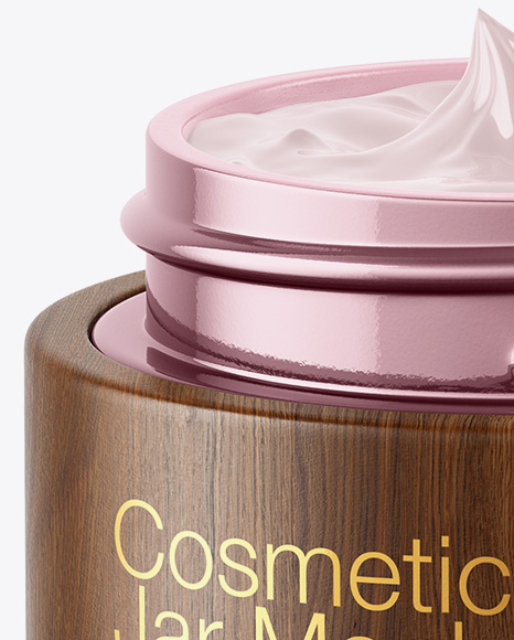 Opened Metallic Cosmetic Jar in Wooden Shell Mockup Opened Metallic Cosmetic Jar in Wooden Shell Mockup