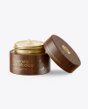 Opened Matte Metallic Cosmetic Jar in Wooden Shell Mockup Opened Matte Metallic Cosmetic Jar in Wooden Shell Mockup