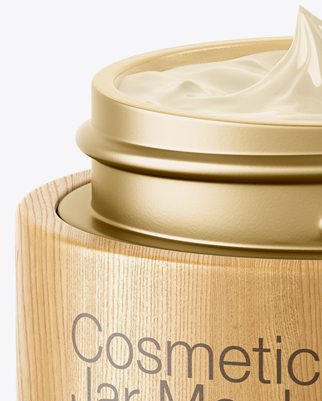 Opened Matte Metallic Cosmetic Jar in Wooden Shell Mockup Opened Matte Metallic Cosmetic Jar in Wooden Shell Mockup
